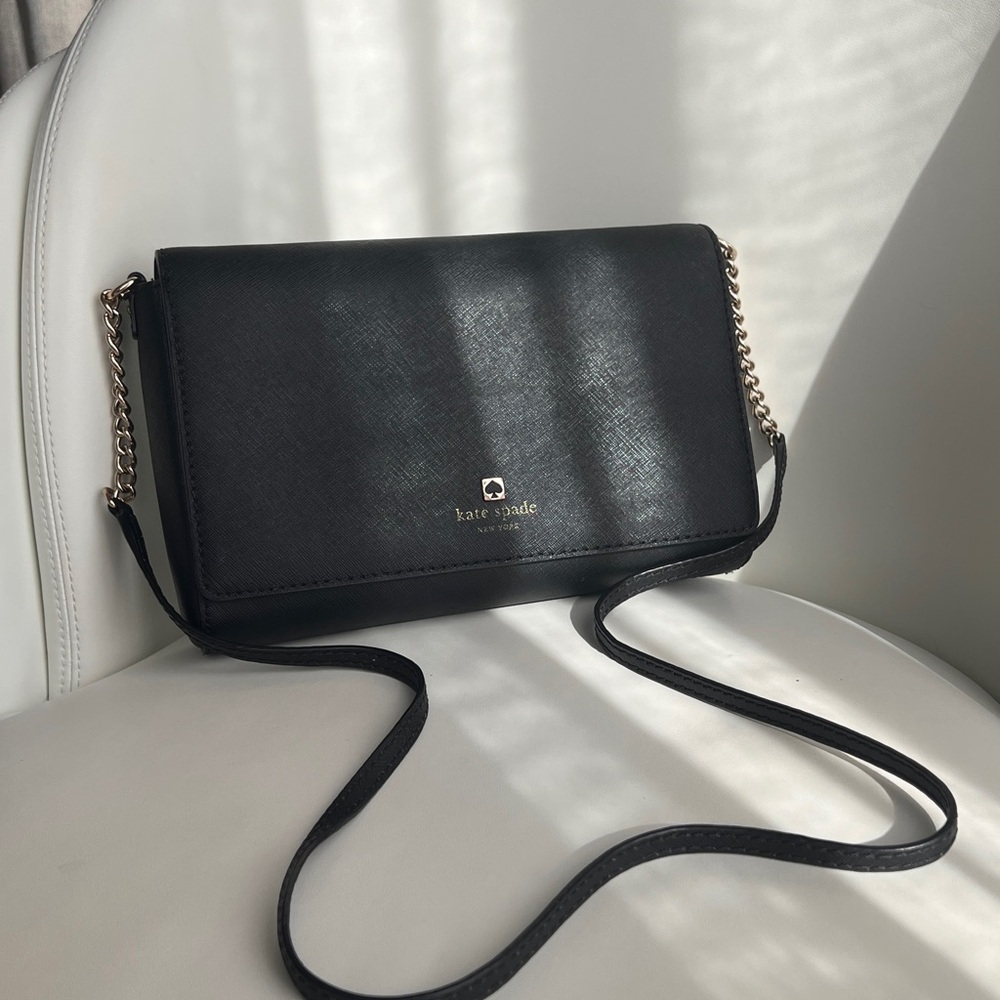Kate Spade Leather Flap Crossbody Bag, Black/Silver
